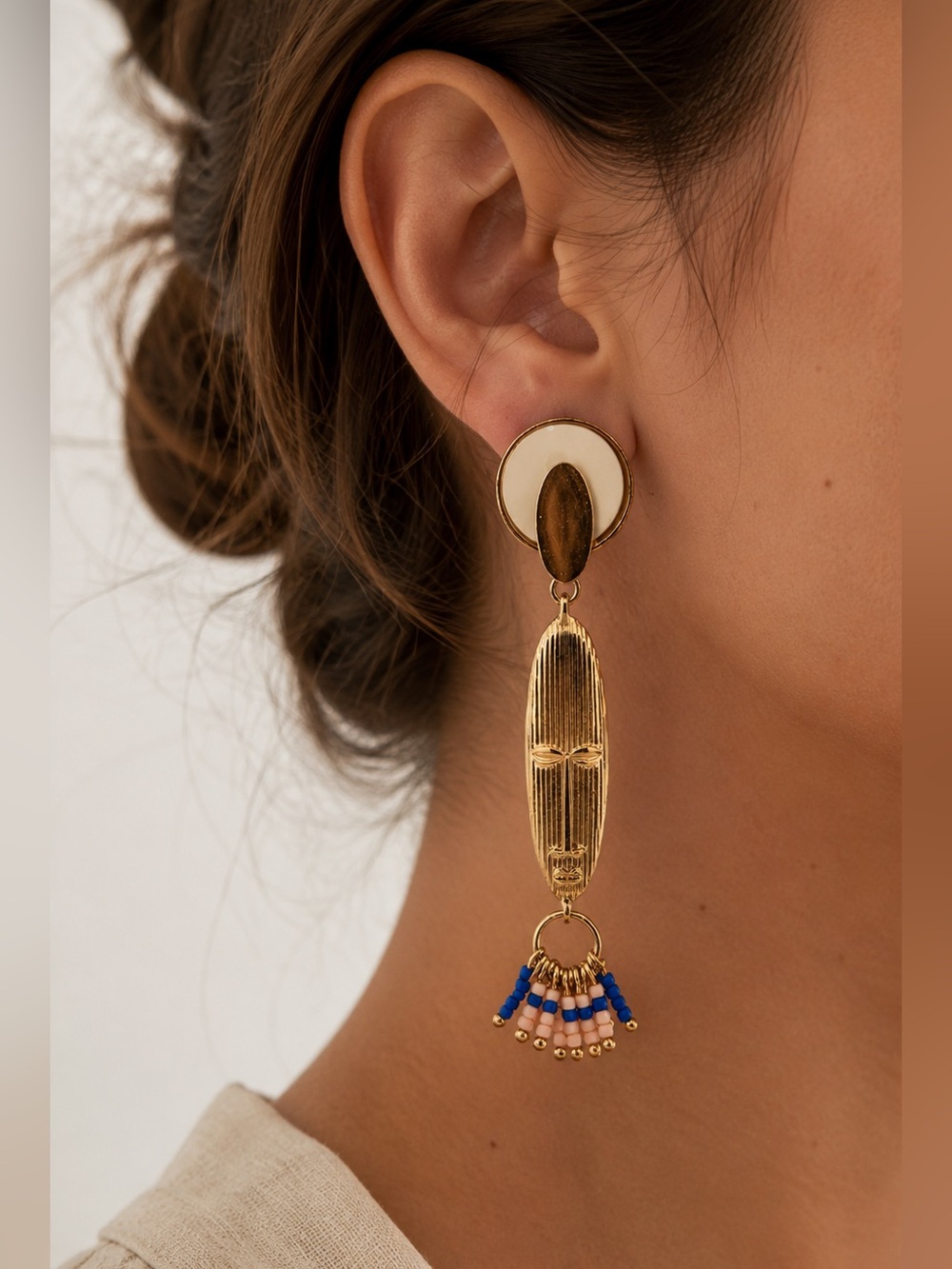 Gold Mask Drop Earrings with Blue and Pink Bead Fringe